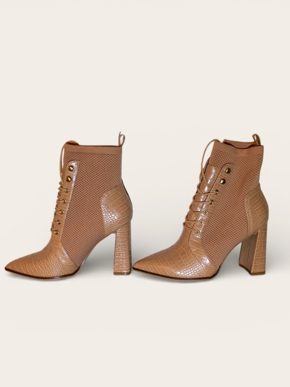 Steve Madden Tan Croc-Textured Pointed Lace-Up Block Heel Ankle Boots